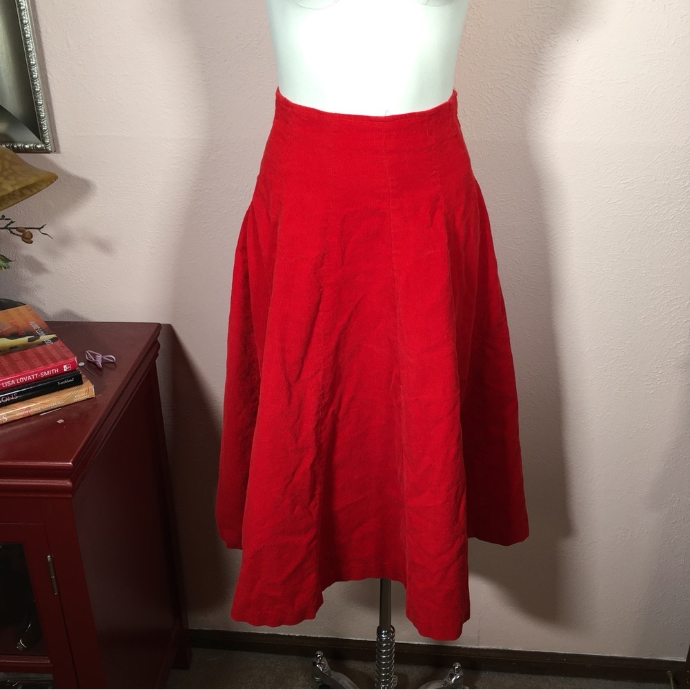 Vintage 60 70 high waisted Red Corduroy Midi Skirt Full Handmade